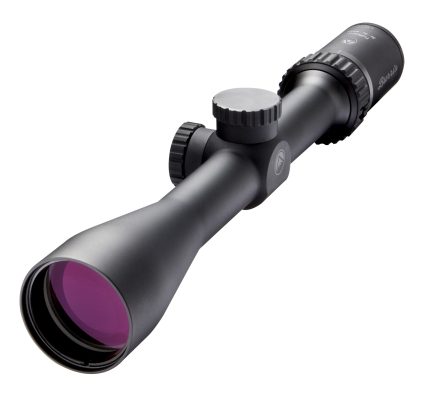 Black rifle scope with purple lens on white background