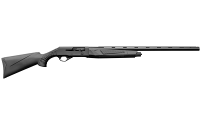 Black semi-automatic shotgun on white background