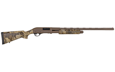 Camo-patterned hunting shotgun isolated on white background