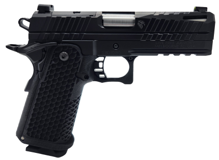 Black tactical handgun with textured grip