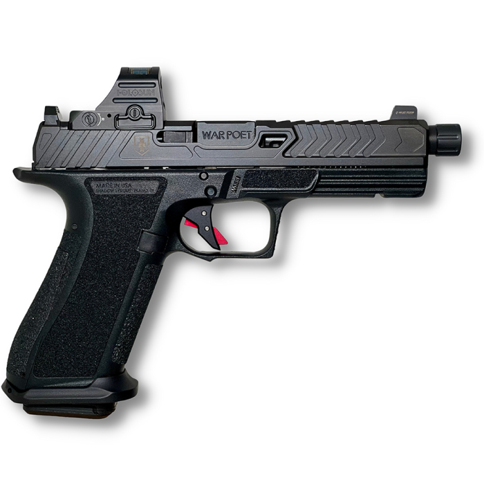 Black tactical pistol with red trigger and optics