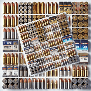 a clean white background with a grid of six evenly spaced squares. Each square contains a variety of handgun ammunition. In each square, there are multiple types and brands of ammunition, such as 9mm Luger, .40 S&W, .38 Special, .22 Long Rifle, .45 ACP, and others. These cartridges are arranged neatly in rows, with the different calibers and manufacturers clearly distinguished by their colors, markings, and packaging. The ammunition looks authentic, with realistic details such as casing color, primer indentations, and engraved bullet noses. Overall, this image is hyper-realistic, showcasing a visually engaging arrangement of assorted handgun ammunition.