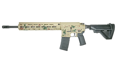 Camouflage patterned automatic rifle on white background