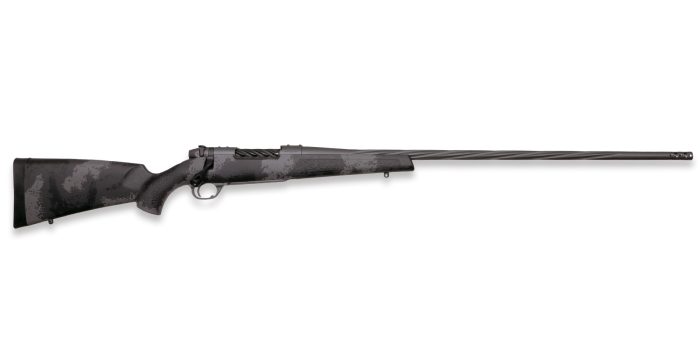 Black camouflaged hunting rifle on white background