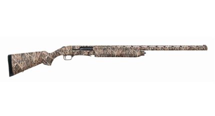 Camo-patterned hunting shotgun isolated on white