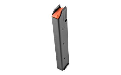 Black handgun magazine with orange follower