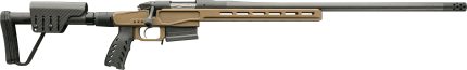 Tan and black precision bolt-action rifle