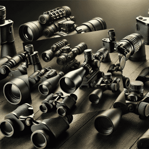 An arrangement of various optics on a dark wooden table, including a rifle scope, night vision goggles, a spotting scope on a tripod, and tactical binocular