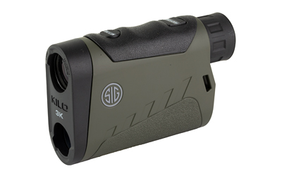 Compact black and green laser rangefinder on white background