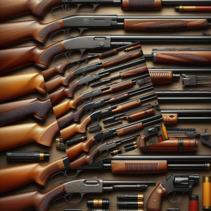 A photo realistic image of various shotguns.