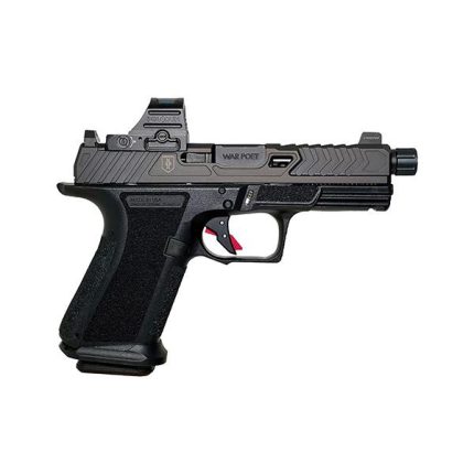 Black tactical pistol with optical sight and accessories