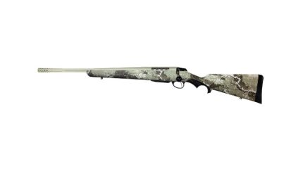 Camo-patterned hunting shotgun isolated on white background