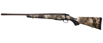 Camo-patterned hunting shotgun isolated on white