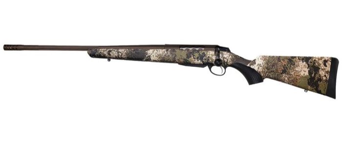 Camo-patterned hunting shotgun isolated on white