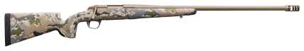 Camouflaged hunting rifle with long barrel and scope