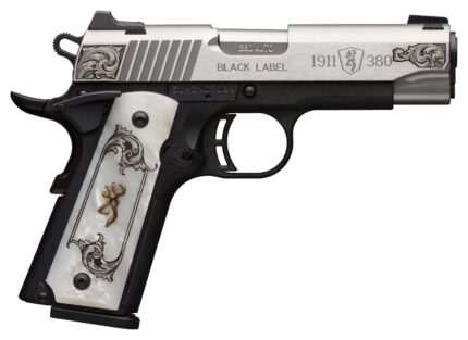 Engraved 1911 Black Label .380 pistol with ivory grips