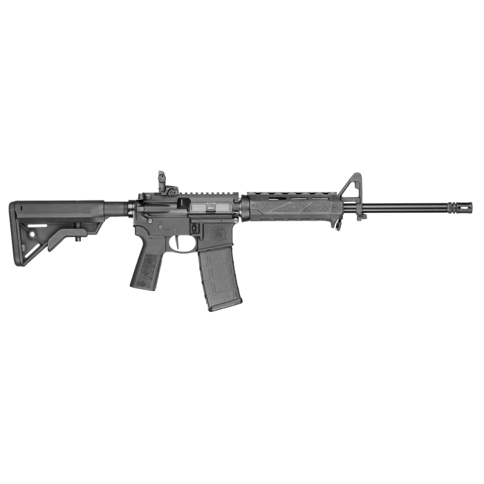 Black modern tactical rifle isolated on gray