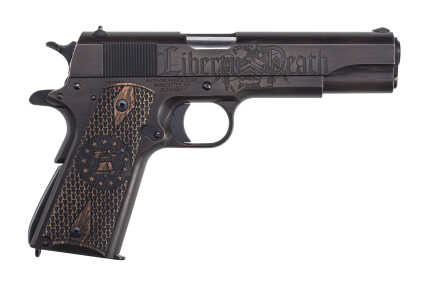 Engraved black handgun with wood grips