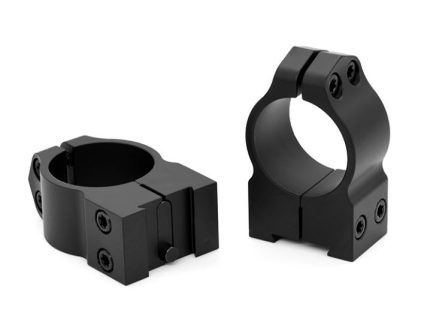 Two black metal scope mounting rings isolated on white