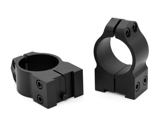 Two black metal scope mounting rings isolated on white