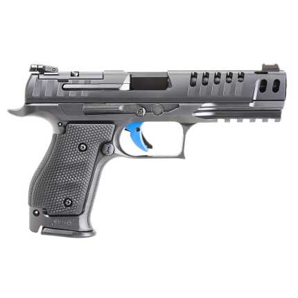 Modern silver handgun with blue trigger