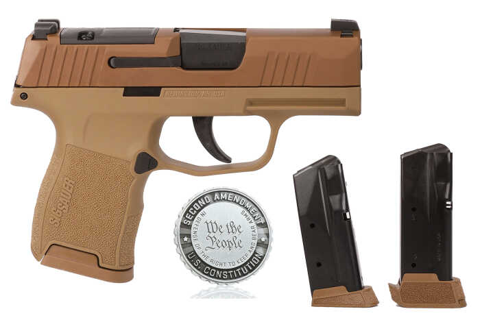 Sig Sauer handgun with tan frame and extra magazines