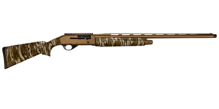 Camouflage hunting rifle with scope on white background