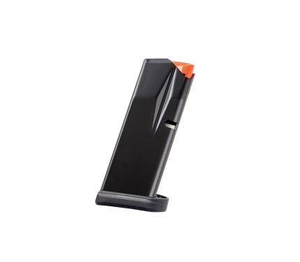 Black handgun magazine with orange follower