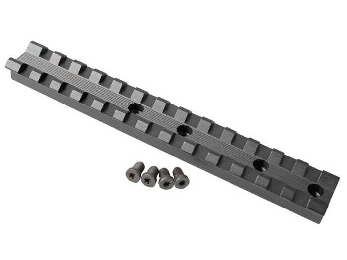 Metal Picatinny rail with mounting screws isolated.