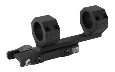 Black tactical rifle scope mount on white background