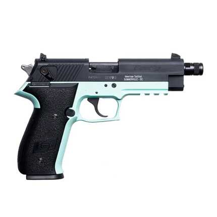 Teal and black tactical handgun on white background