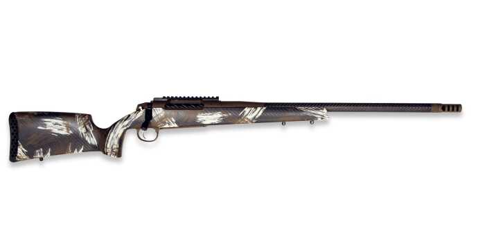 Camo-patterned hunting rifle with scope and carbon barrel