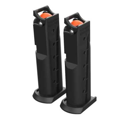 Two black handgun magazines with orange followers