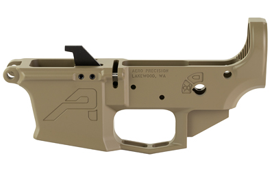 Tan AR-15 rifle lower receiver on white background