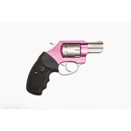 Pink stainless steel revolver on white background