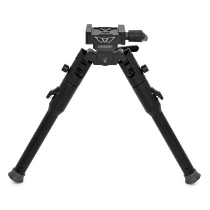 Black adjustable tripod stand on white background