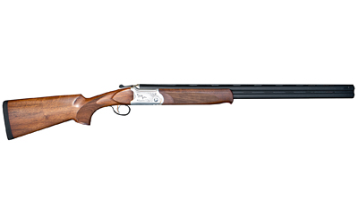 Side view of a classic wooden double-barrel shotgun