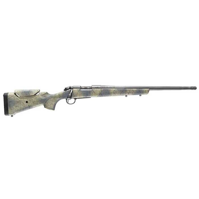 Camo-patterned bolt-action rifle isolated on white