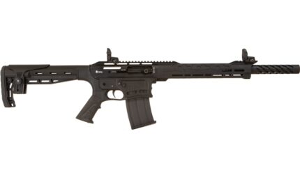 Black modern tactical rifle on white background