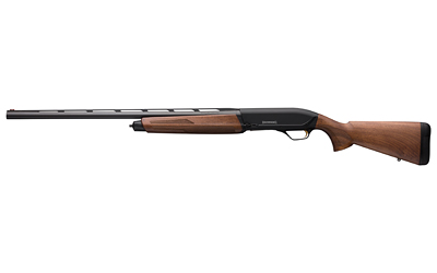 Side view of a modern shotgun with wooden stock