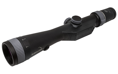 Black telescopic rifle scope on white background