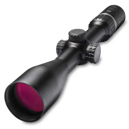 Black rifle scope with red-tinted lens isolated on white