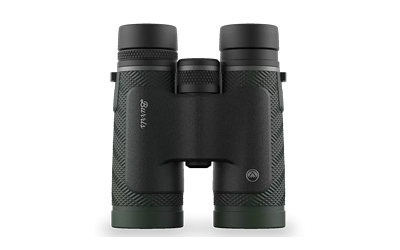 Compact green binoculars on white background