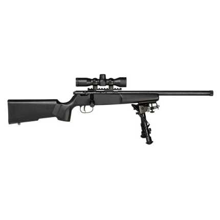 Black sniper rifle with scope and bipod