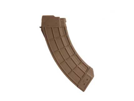 Brown curved plastic rifle magazine isolated on white