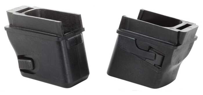 Two black plastic magazine pouches side by side