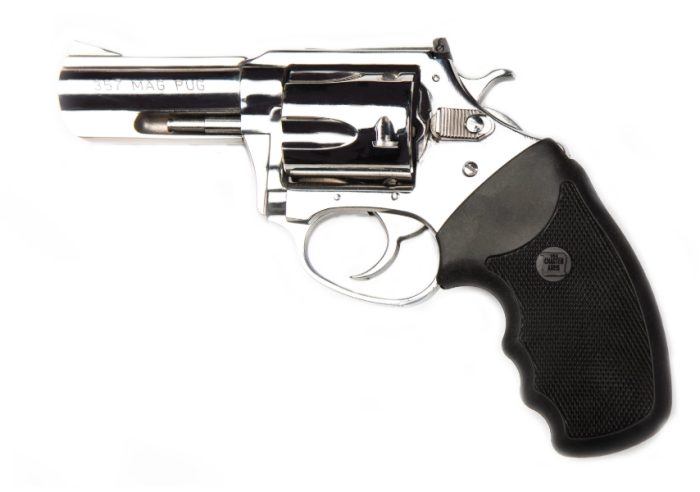 Silver .357 Magnum revolver on white background