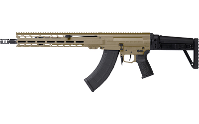 Tan tactical rifle with black magazine isolated on white