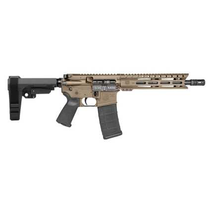 Tan AR-15 style rifle with tactical rail system