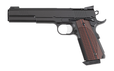 Black semi-automatic pistol with wooden grip